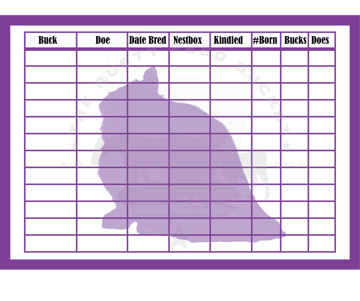 Rabbit Breeding Chart - Jersey Wooly